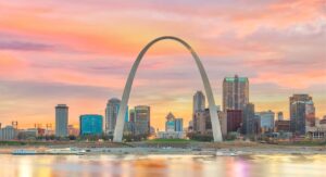 A view of the St Louis skyline and waterfront at sunset