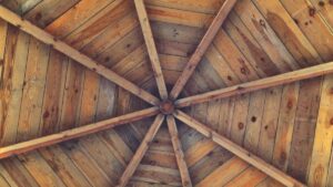 Closeup on the underside of a gazebo an eco-friendly ceiling made from reclaimed wood