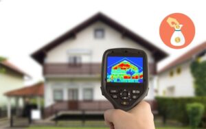 a hand holding up a thermal camera to the exterior of a house, showing the hot and cold areas on the camera