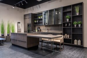 An eco-friendly green modular kitchen with corresponding appliances and fixtures