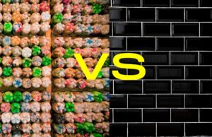 An overhead view of a group of eco-bricks side-by-side with a black tile wall