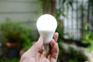 a hand in the middle of the picture holding up a lit up LED light bulb with a garden in the background