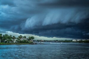 A hurricane (whipping winds and rain) approaches homes and trees along the Florida coast