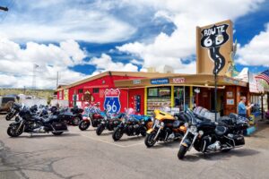 A rest stop with motorcycles parked out front along the historic Route 66 in Oklahoma