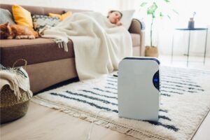 The living room of a Florida home with a dehumidification system on the floor and homeowner sleeping on the couch
