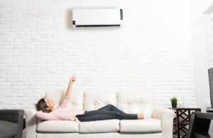 A homeowner on her living room couch points to a ductless Mini-split heat pump on the wall above the couch