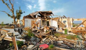 The remnants of a modular home with several walls still standing after a tornado.