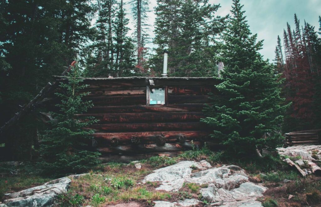 A 'passive' cabin in the woods surrounded by trees and rocks in front