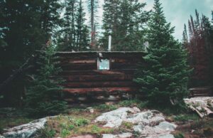 A 'passive' cabin in the woods surrounded by trees and rocks in front