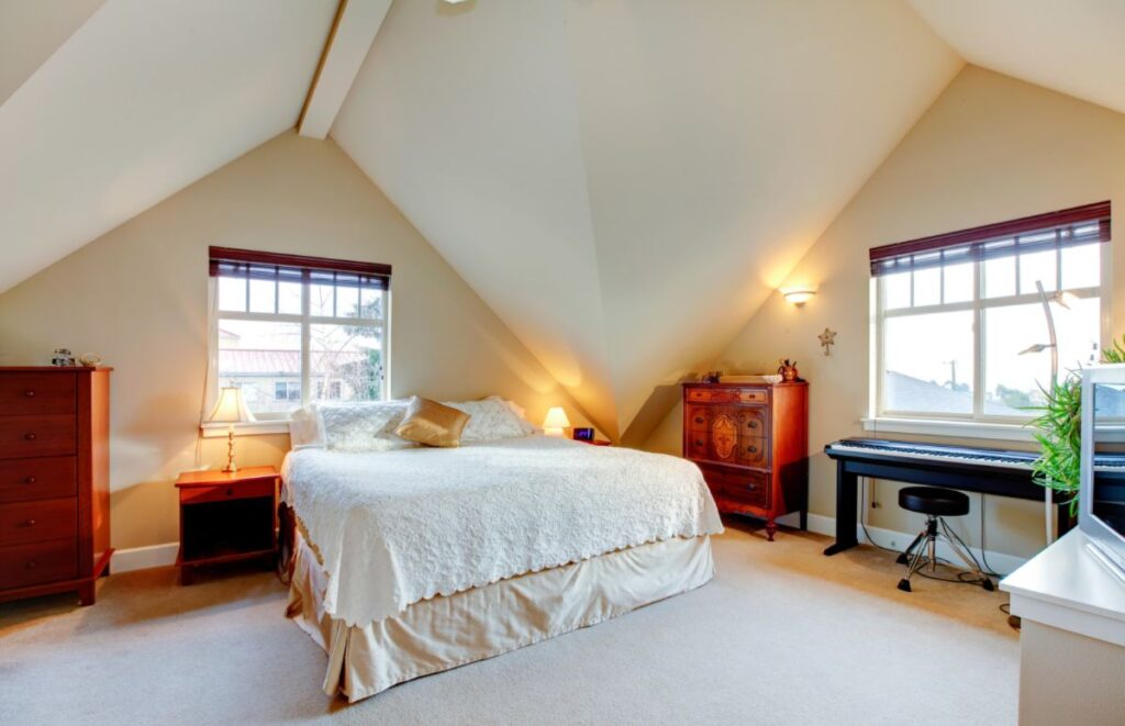 A vaulted ceiling in the bedroom of a home