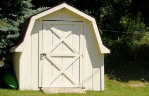 A backyard shed secured with hurricane straps