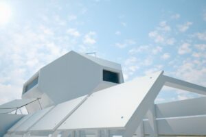 The roof modules of a white modern modular home