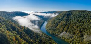 Rolling West Virginia hills and valley with a river running through it