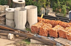 Various modular home building materials laid out next to each other