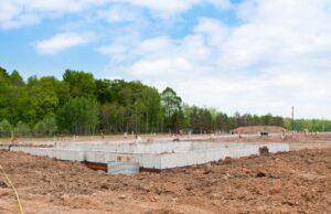 A laid foundation for a modular home in an empty lot