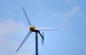 Closeup on the motor and blades of a small wind turbine