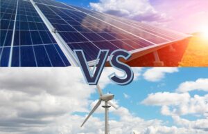 A graphic with a solar power array on top and a photo of a small wind turbine below it