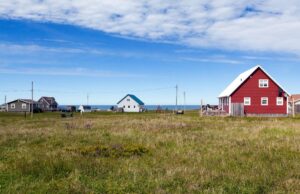 A field along the coast of Charlottetown, Prince Edward Island, with several modular homes in the distance