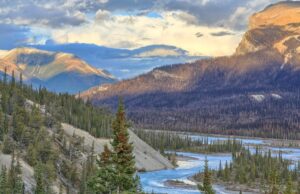 Mountain peaks and a river running through a canyon in Saskatchewan