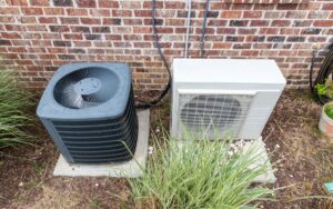 The condenser unit of a mini-split outside a home to the right of a central AC unit