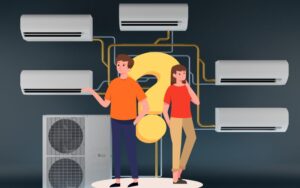 a graphic of a web of mini split air conditioners with a man and woman standing in front of a big question mark
