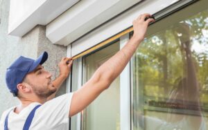 A professional installer pulls down a hurricane window screen on the exterior window of a home