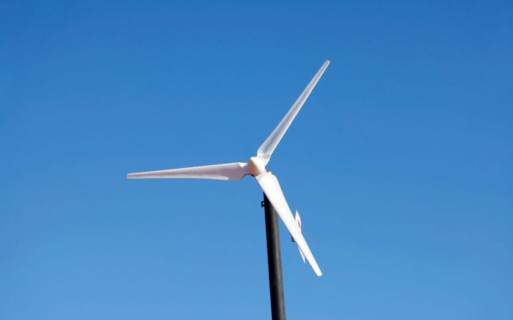 Closeup on the blades and hub of a small wind turbine