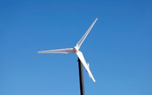 Closeup on the blades and hub of a small wind turbine