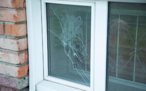 Closeup on a cracked impact window installed in home