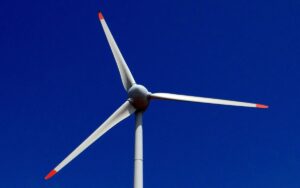 Closeup on the blades and hub of a small wind turbine
