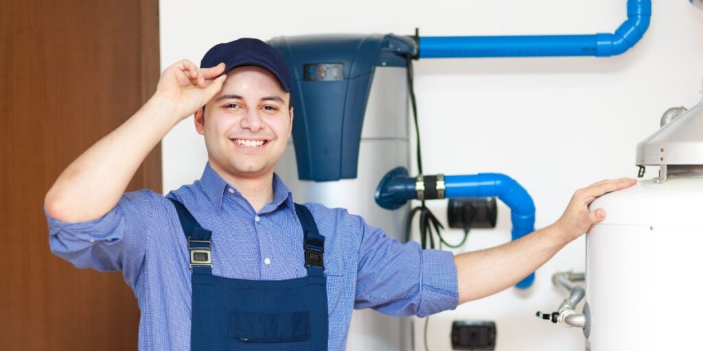 Technician in blue overalls, blue cap and blue shirtin front of a water heater.