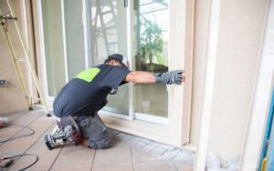 A technician installas a set of hurricane sliding doors