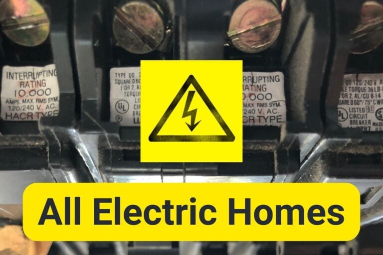 A closeup of a fuse box with an electrical logo and the words "all electric home" overlain.
