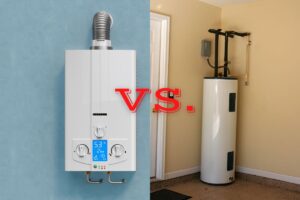 Images of a tankless and heat pump water heater transposed next to each other