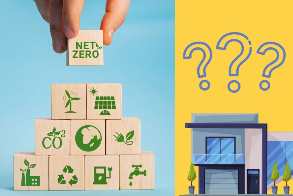 building blocks with different renewable energy symbols on them stacked with the net-zero block shown at the top