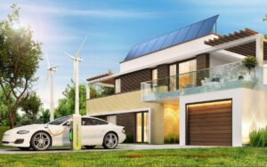 Front yard view on an electric home with an EV charging in the driveway and solar panel array on the roof