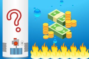 a cartoon water heater with fire next to it, and money at the top right