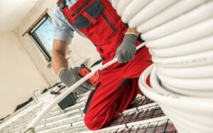 A technician kneeling on the floor cuts a piece of cable from a spool during a radiant floor heating system installation