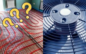 a side by side picture of red tubing radiant floor heating and a condenser fan of a forced air conditioning system