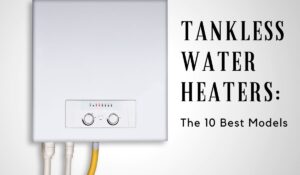 Closeup on the bottom of a tankless water heater on a wall at left, with the article title at right