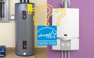 a traditional water heater on the left and a tankless water heater on the right with the Energy Star blue logo in the middle