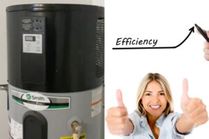 A picture of a hot water heater on the left hand side with the right hand side showing a graph indicating increased efficiency and a woman with her thumbs up and smiling because she has set her hot water heater to the most energy saving water heater temperature.