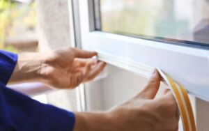 Closeup on a homeowner's hands applying weather stripping, a type of window seal, to the bottom of an open exterior window