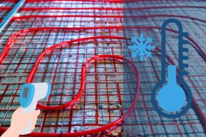 red radiant floor cooling tubes with a graphic of a hand holding a temperature gauge and a thermometer on the right