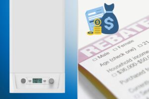 a white tankless water heater on the left, and on the right is a piece of paper that says Rebate