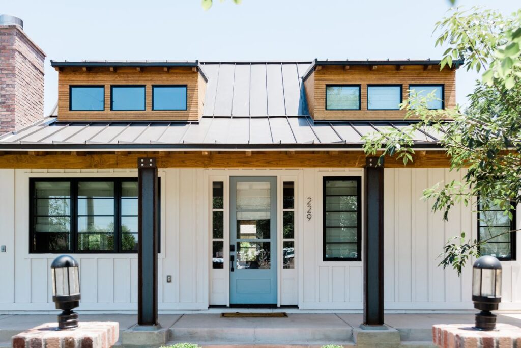 The front exterior of a home, featuring an energy-efficient door