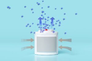 A stylized image of a home dehumidifier showing gray arrows pointing into its air intake and blue arrows coming out of the outlet.