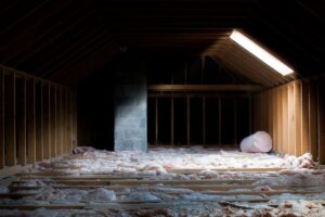 A dark attic with a skylight and fiberglass insulation in the floorboards