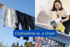 A picture split into two halves. The left side shows clothes drying on a clothesline and the right side shows a woman unloading a tumble dryer. The words, "Clothesline vs. a Dryer" are overlain across the images.