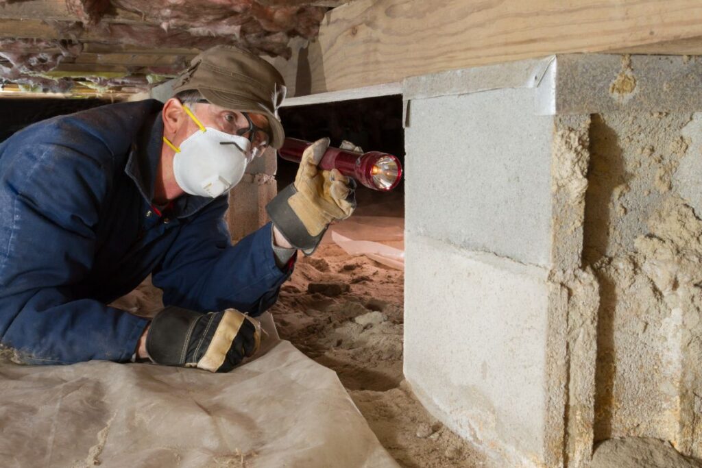 A professional laying on his chest investigates a crawl space with a flashlight